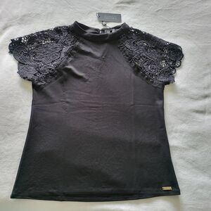 Badgley Mischka Elegant Black Lace Sleeve Top